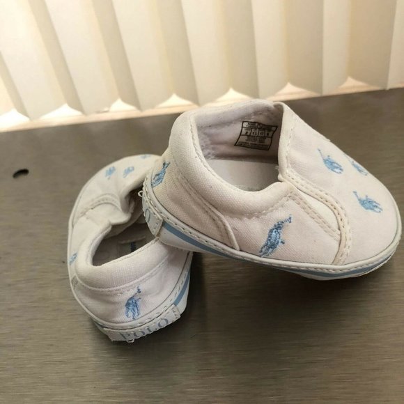 Ralph Lauren Baby Boy Canvas Shoes Slip On White Light Blue Logo Size 2 - Picture 3 of 11